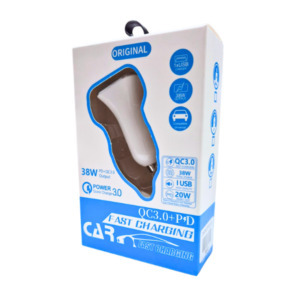CARGADOR DE AUTO DUAL PORT USB A 18W Y PD 20W BLANCO