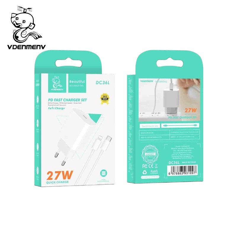 CARGADOR DE PARED VDENMENV PD + CABLE TIPO C A LIGHTNING 27W