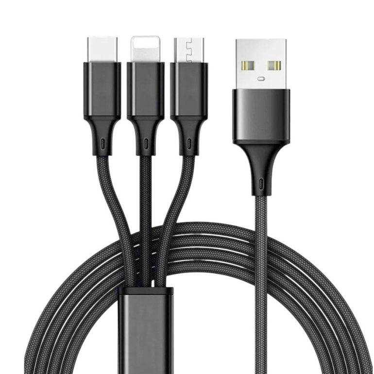 CABLE MALLADO USB A A LIGHTNING, TIPO C Y MICRO USB NEGRO
