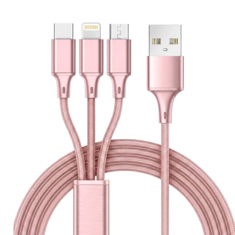 CABLE MALLADO USB A A LIGHTNING, TIPO C Y MICRO USB ROSA