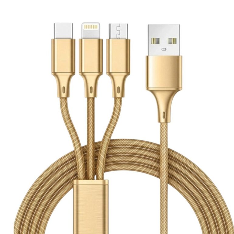 CABLE MALLADO USB A A LIGHTNING, TIPO C Y MICRO USB DORADO